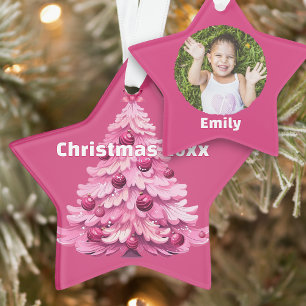 Girly Pink Christmas Tree Dated Photo Star Ornament
