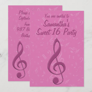 Girly Pink Clef and Musical Notes Birthday Party Invitation
