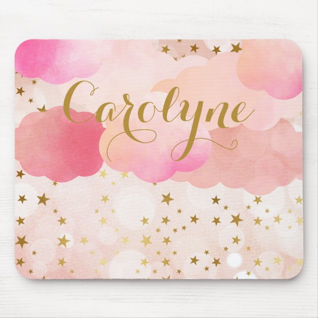 Girly Pink Clouds and Falling Stars Personalised Mouse Pad (Front)