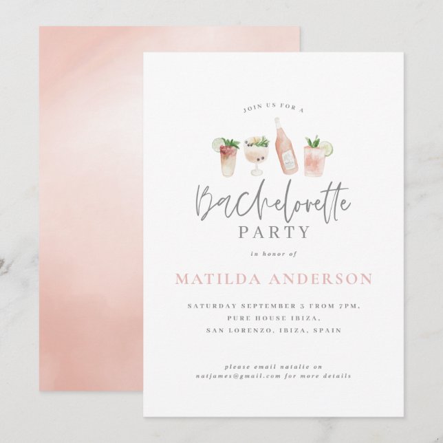 Girly pink cocktail stylish bachelorette party announcement (Front/Back)