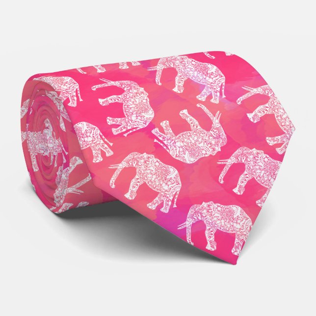 girly pink colorful tribal floral elephant pattern tie (Rolled)