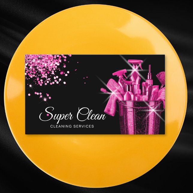 Girly Pink Commercial House Cleaning Housekeeping Business Card (hot pink glitter cleaning buck with cleaning tools)