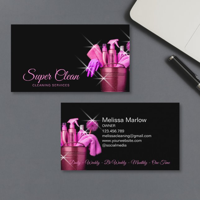 Girly Pink Commercial House Cleaning Housekeeping Business Card (cleaning bucket full of cleaning tools, hot pink color on black background)