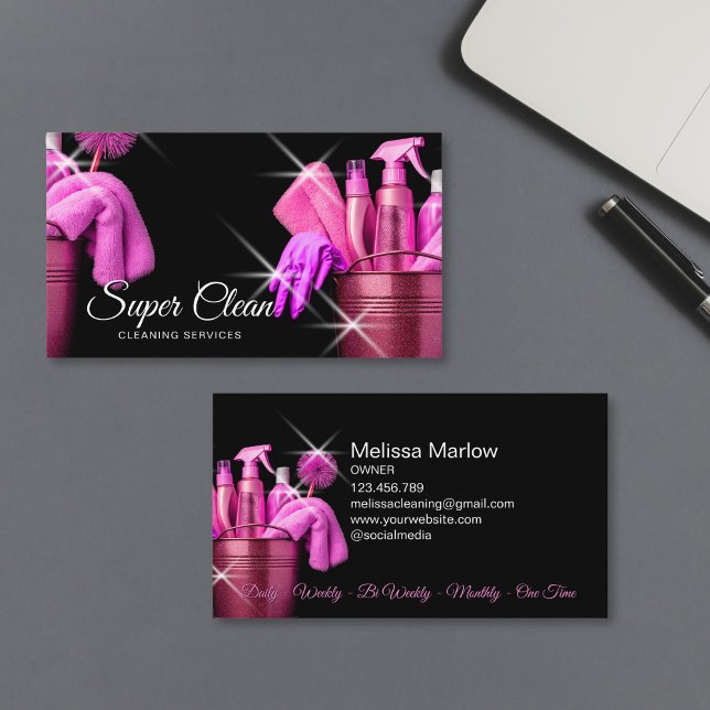 Girly Pink Commercial House Cleaning Housekeeping Business Card (cleaning bucket full of cleaning tools, hot pink color on black background)