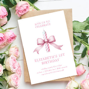 Girly Pink Coquette Bow Candle 1st Birthday  Invitation