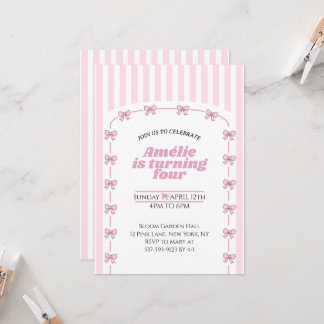 Girly Pink Coquette Bow Fourth Birthday Party Invitation
