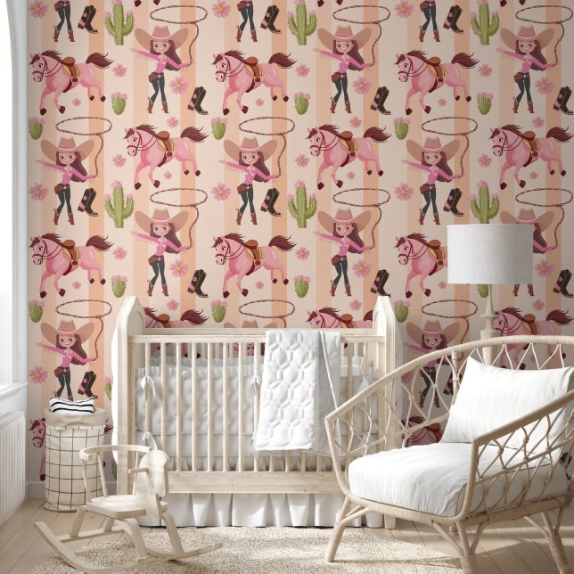 Girly Pink Cowgirl Horse Rodeo Western Design Wallpaper (Kids)