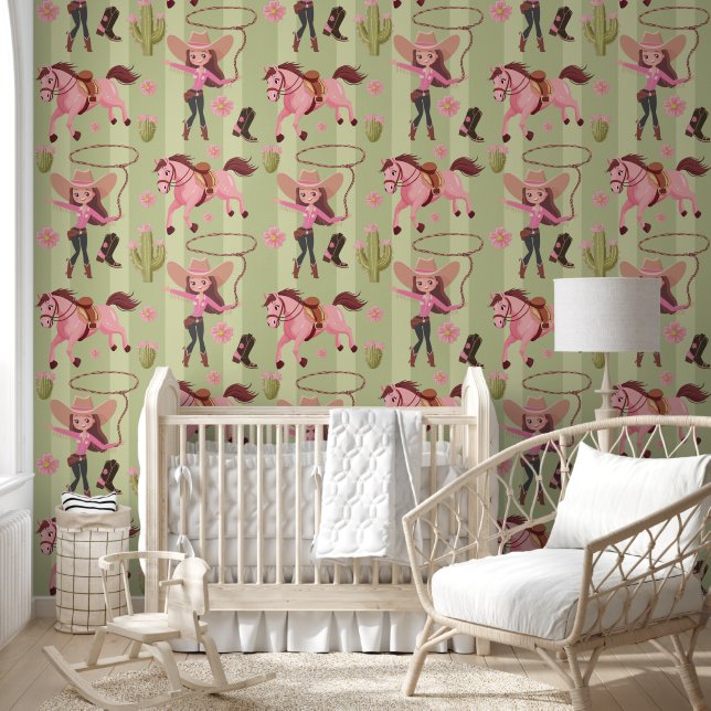Girly Pink Cowgirl Horse Rodeo Western Design Wallpaper (Kids)