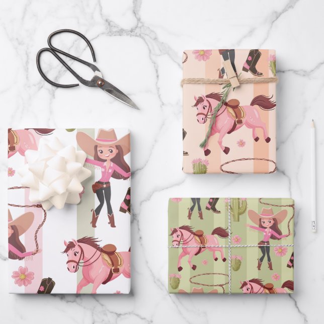 Girly Pink Cowgirl Horse Rodeo Western Design Wrapping Paper Sheet (Front)