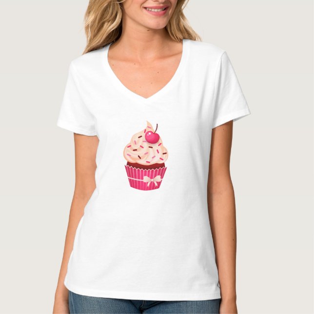 Girly Pink Cupcake Sprinkles And Cherry T-Shirt (Front)