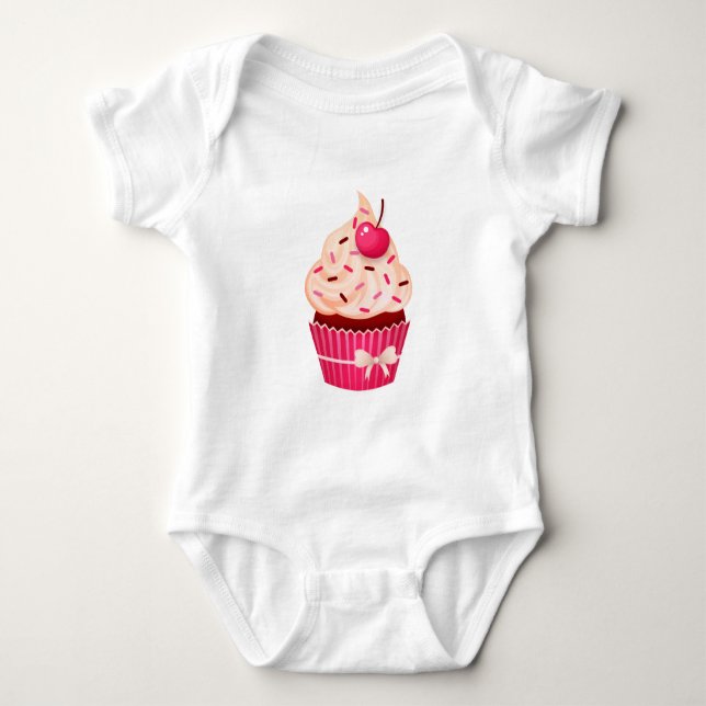 Girly Pink Cupcake With Sprinkles and Cherry Baby Bodysuit (Front)