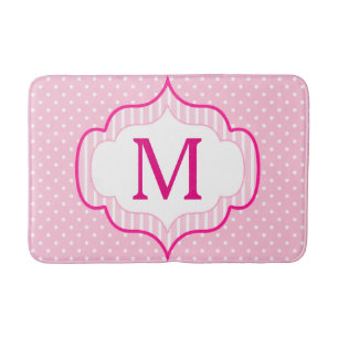 Girly Pink Custom Monogram Polka Dot Pattern Bath Mat