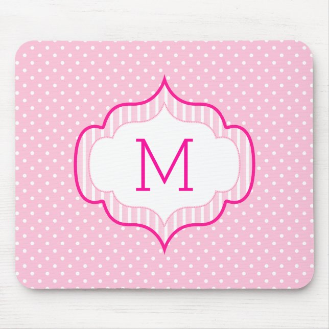 Girly Pink Custom Monogram Polka Dot Pattern Mouse Pad (Front)