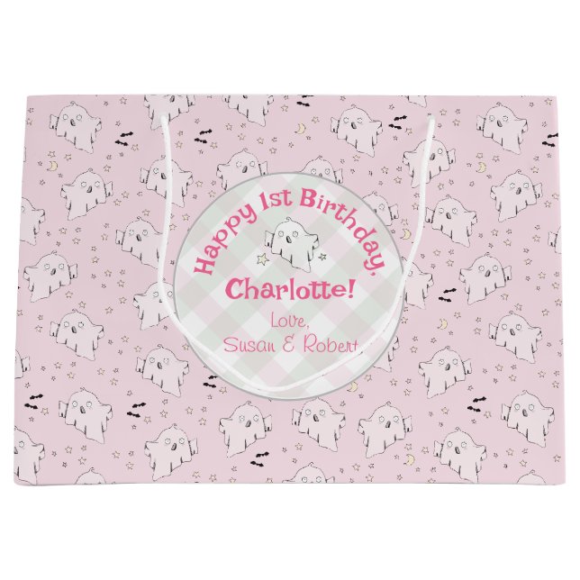 Girly Pink Cute Ghosts Baby Halloween 1st Birthday Large Gift Bag (Front)