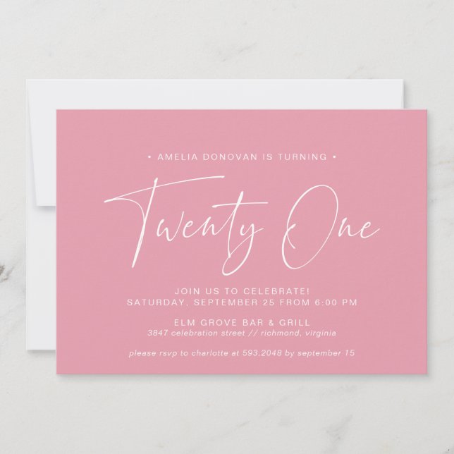 Girly Pink | Cute Modern Script 21st Birthday Invitation (Front)