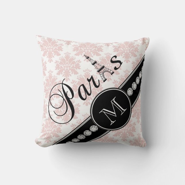 Girly Pink Damask Black Paris Monogram Cushion (Front)