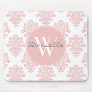Girly Pink Damask Monogram Mouse Pad