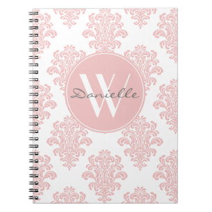 Girly Pink Damask Monogram Spiral Notebook