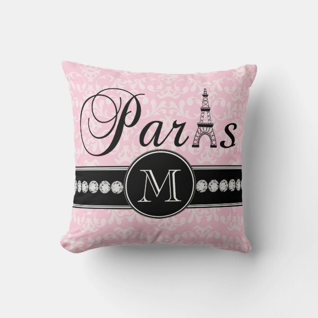 Girly Pink Damask Paris Monogrammed Cushion (Front)