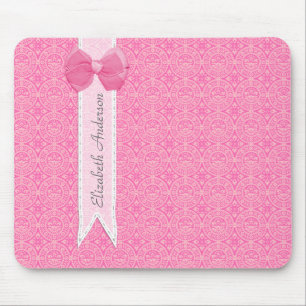 Girly Pink Damask Pattern Cute Bow With Name Mouse Pad