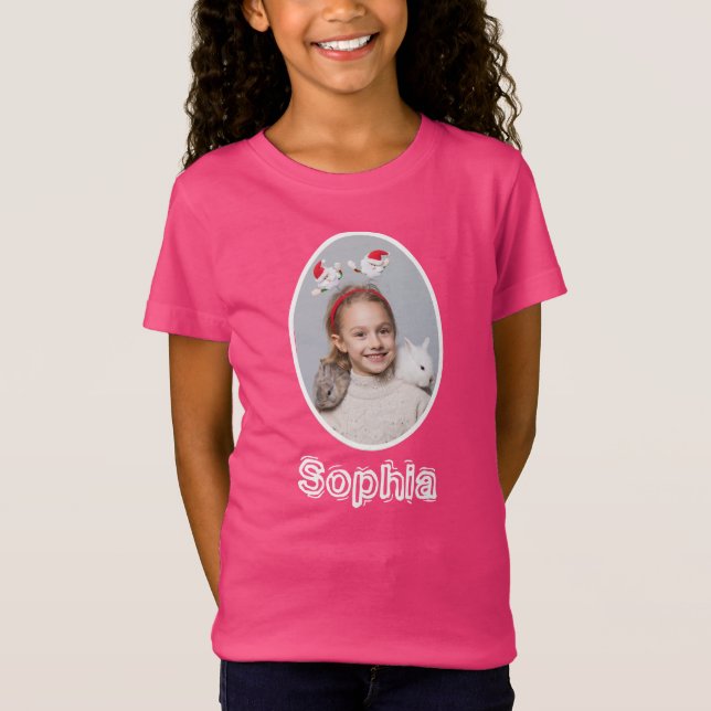 Girly Pink Daughter Name And Photo Christmas T-Shirt (Front)