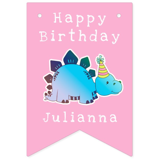 Girly Pink Dinosaur Birthday Party Decorations Bunting (First Flag)