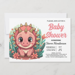 Girly Pink Dinosaur Girl Baby Shower  Invitation