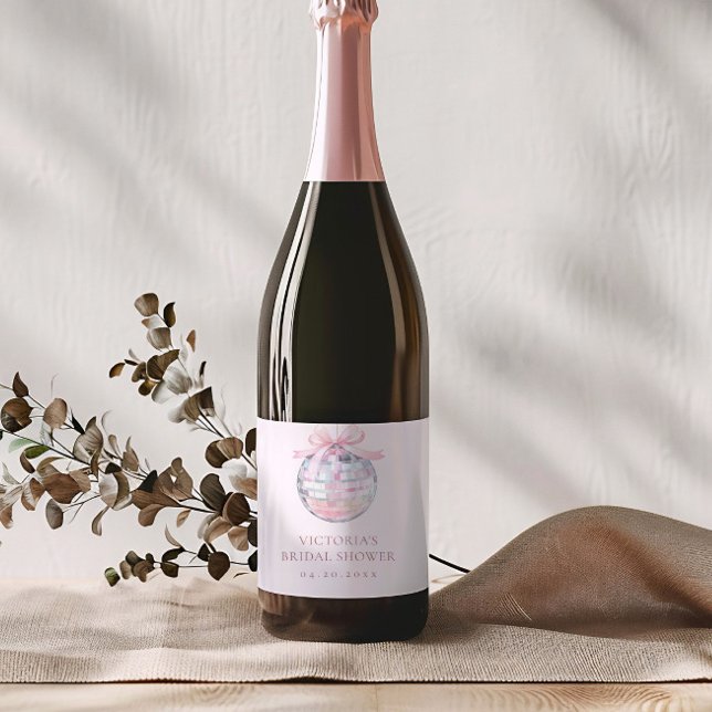 Girly Pink Disco Ball Elegant Bridal Shower Sparkling Wine Label (Creator Uploaded)