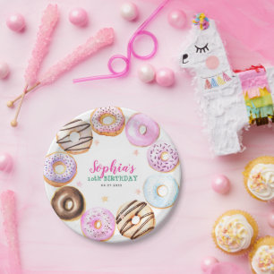 Girly Pink Doughnuts Watercolor Birthday Party Paper Plate
