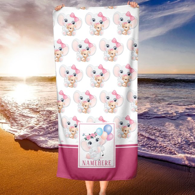 Girly Pink Elephant with Bow and Balloon Pattern Beach Towel (Creator Uploaded)