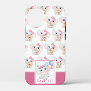 Girly Pink Elephant with Bow and Balloon Pattern iPhone 12 Mini Case