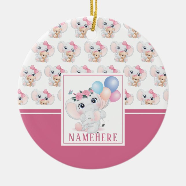 Girly Pink Elephant with Bow and Balloon Pattern Ceramic Tree Decoration (Front)