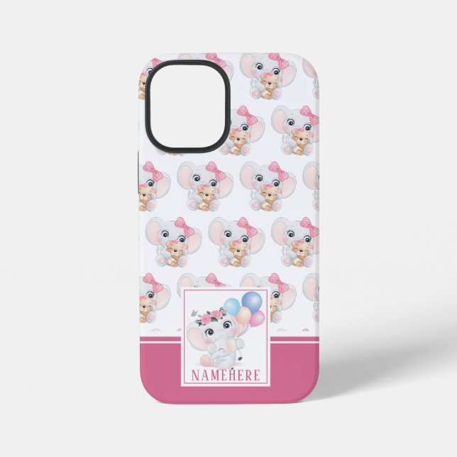Girly Pink Elephant with Bow and Balloon Pattern iPhone Case (Back)