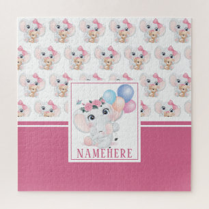 Girly Pink Elephant with Bow and Balloon Pattern Jigsaw Puzzle