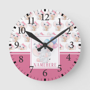 Girly Pink Elephant with Bow and Balloon Pattern Round Clock