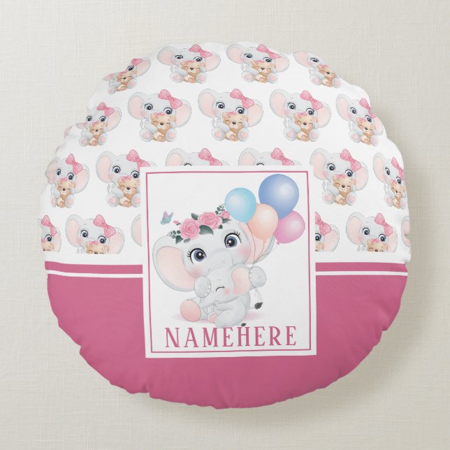 Girly Pink Elephant with Bow and Balloon Pattern Round Cushion (Front)