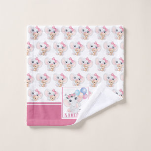 Girly Pink Elephant with Bow and Balloon Pattern Wash Cloth