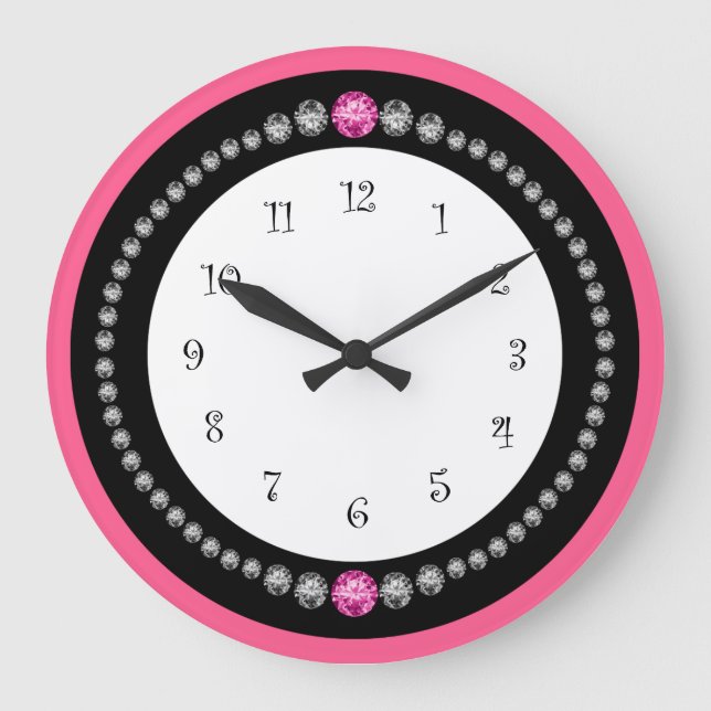 Girly Pink Faux Diamond Jewel Large Clock (Front)