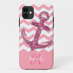 Girly Pink Faux Glitter Anchor Chevron Monogram Case-Mate iPhone Case