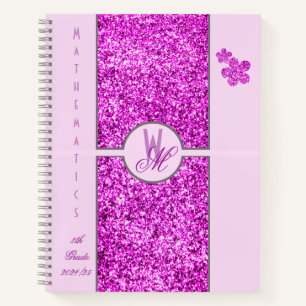 Girly Pink Faux Glitter Monogram School Notebook