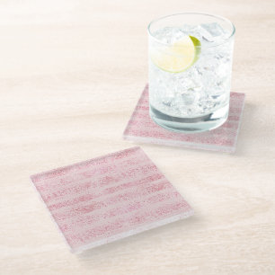 Girly Pink Faux Glitter Stripes Glass Coaster
