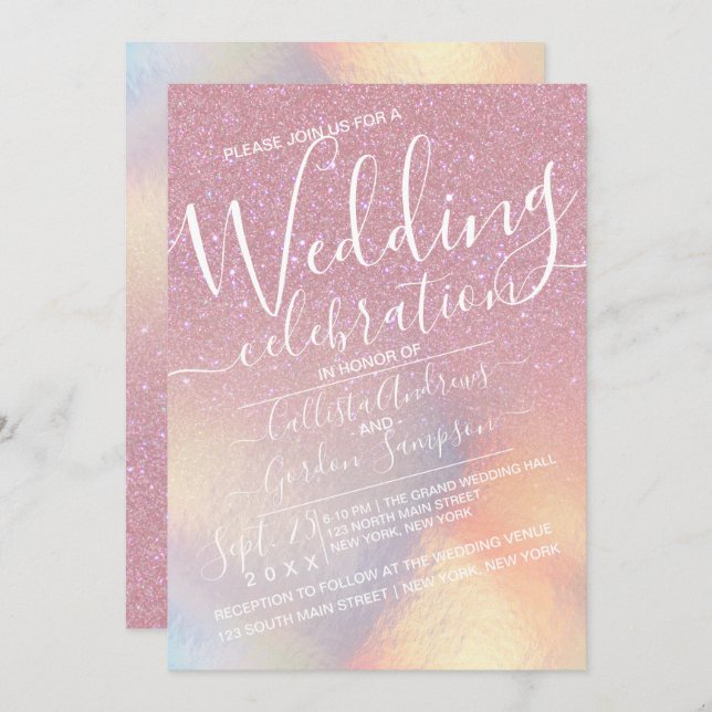 Girly Pink Faux Iridescent Glitter Ombre Wedding Invitation (Front/Back)