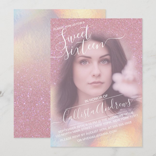 Girly Pink Faux Iridescent Glitter Photo Sweet 16 Invitation (Front/Back)