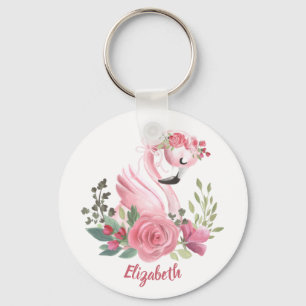 Girly Pink Flamingo Floral Roses Name Key Ring