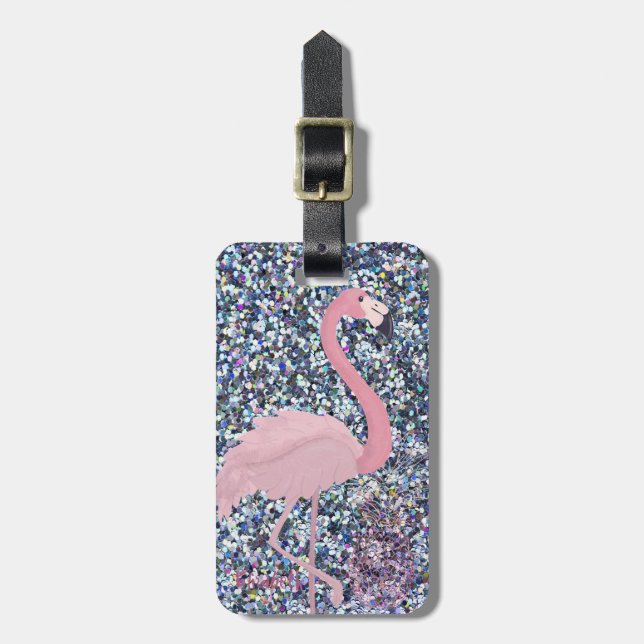 Girly Pink Flamingo,Pineapple,Glitter-Personalised Luggage Tag (Front Vertical)