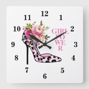 Girly Pink Floral and High Heels Square Wall Clock