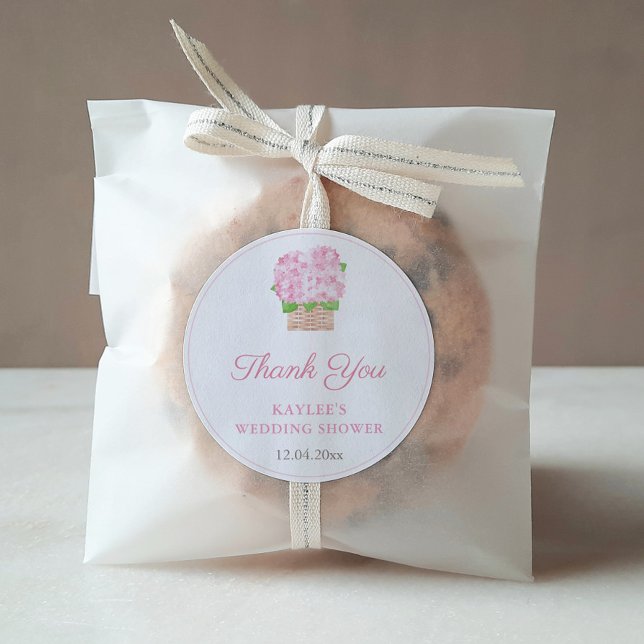 Girly Pink Floral Bridal Shower Thank You Favour Classic Round Sticker (Pink Hydrangea In Wicker Basket Thank You Favor Sticker Design)