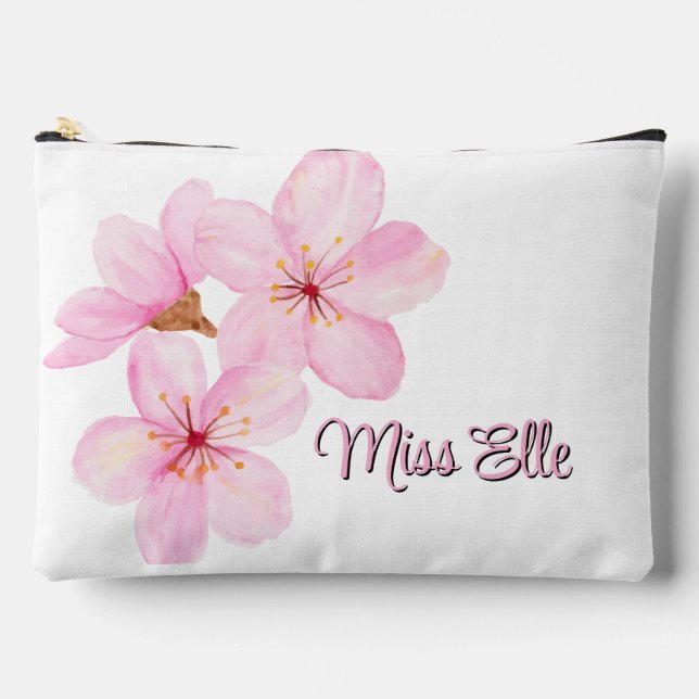 Girly Pink Floral Custom  Accessory Pouch (Front)