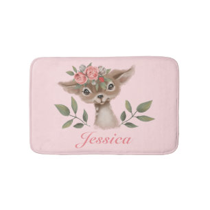 Girly Pink Floral Deer Bath Mat