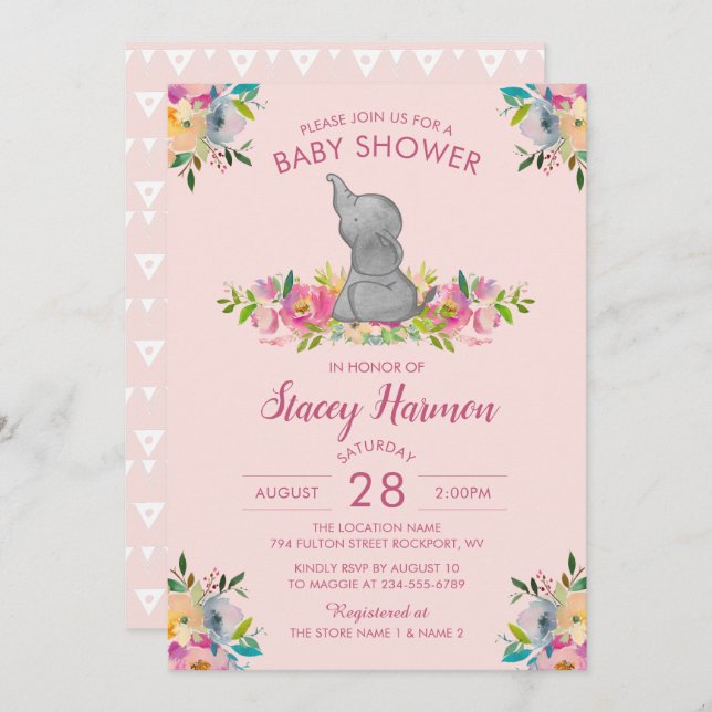 Girly Pink Floral Elephant Baby Shower Invitation (Front/Back)